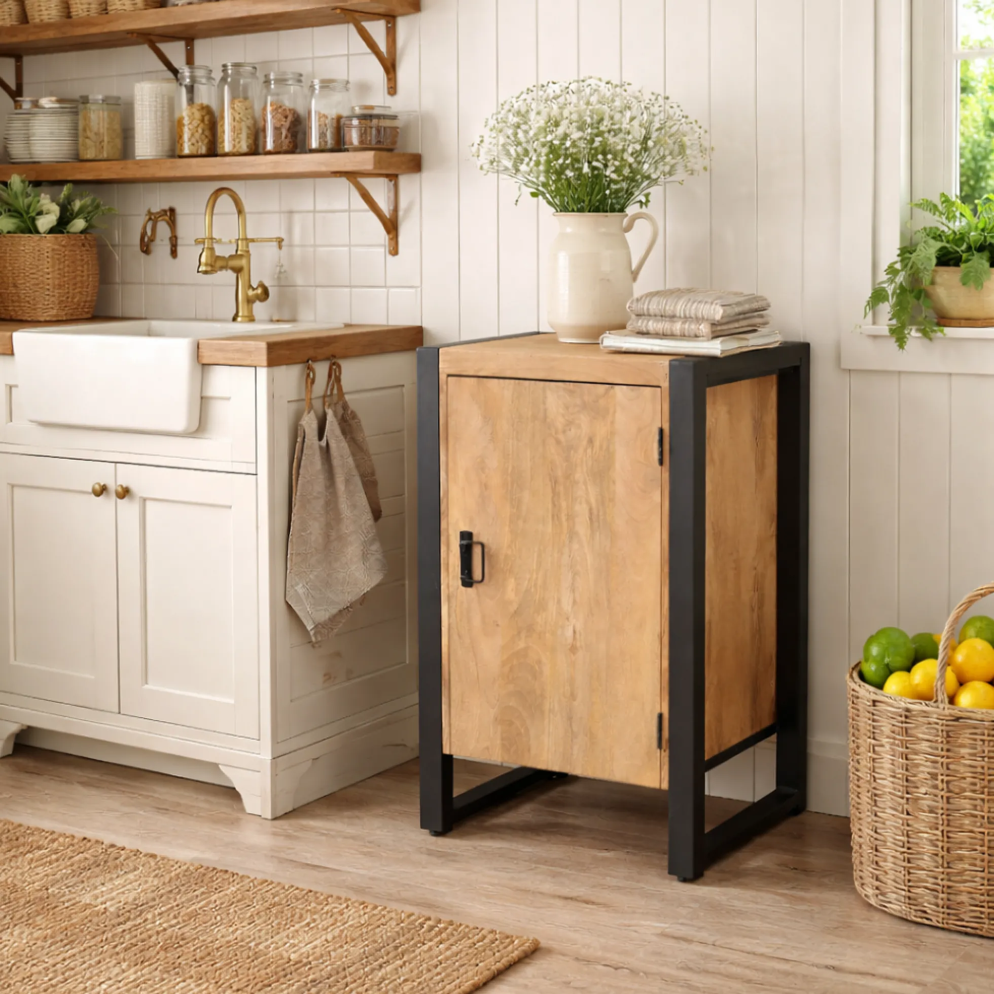 Petit meuble de rangement 1 porte bois clair métal noir MILORA