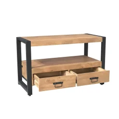 Petit meuble TV bois clair métal noir 2 tiroirs 120 cm MILORA