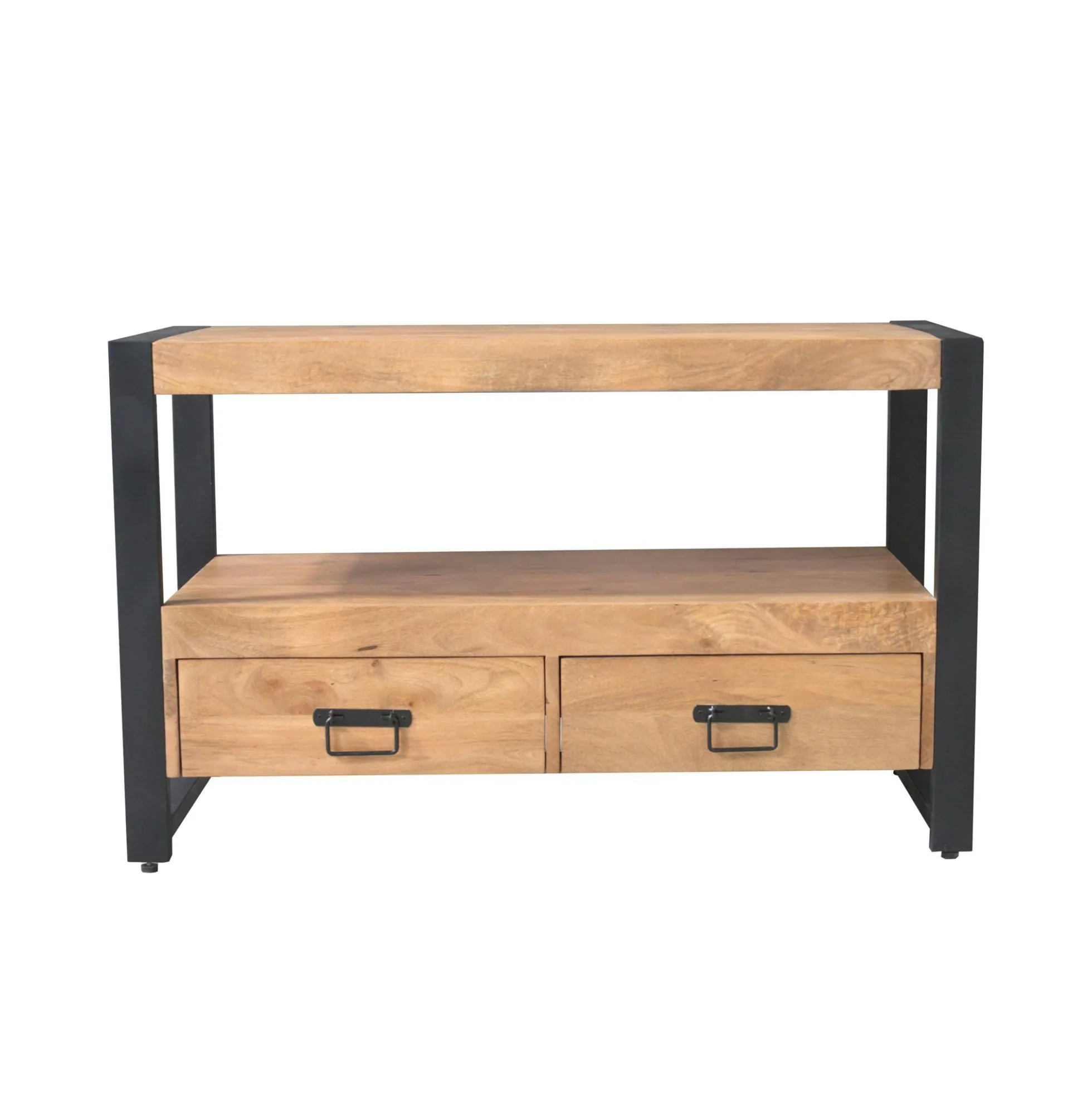 Petit meuble TV bois clair métal noir 2 tiroirs 120 cm MILORA