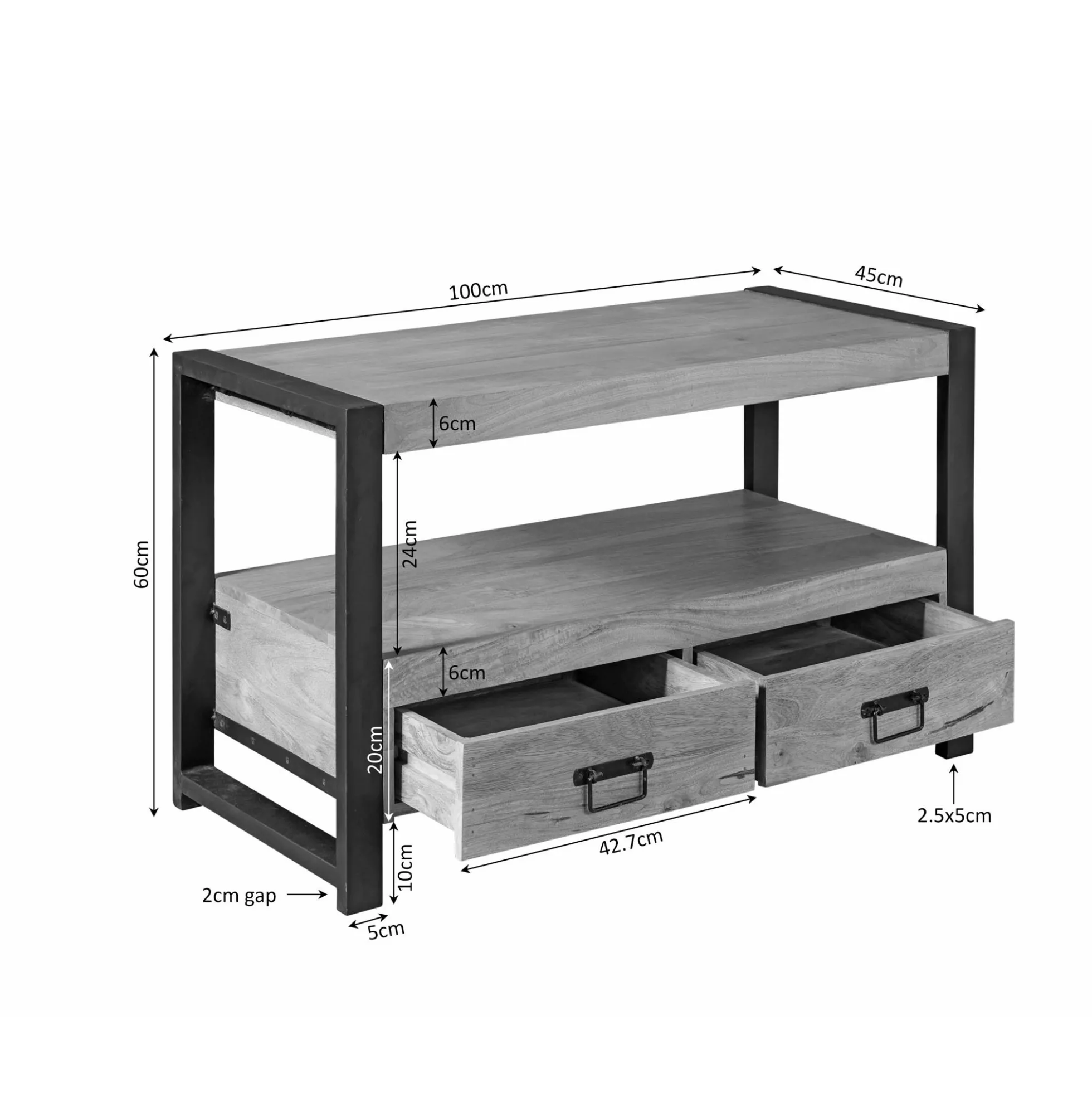Petit meuble TV bois clair métal noir 2 tiroirs 120 cm MILORA