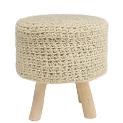 Petit tabouret rond laine tressée et bois TIM