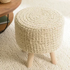 Petit tabouret rond laine tressée et bois TIM