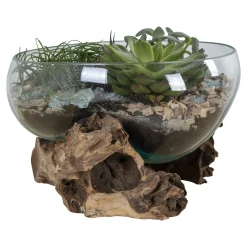 Petit vase verre soufflé et racine teck, artisanal ARIZONA