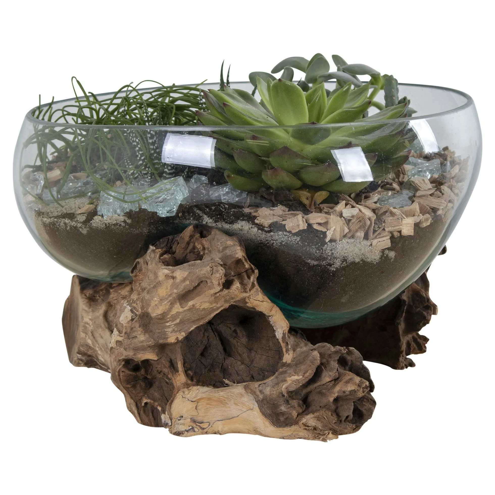 Petit vase verre soufflé et racine teck, artisanal ARIZONA