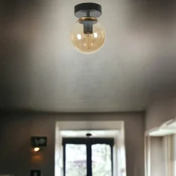 Plafonnier globe verre ambré, finition noire SIERRE