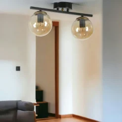 Plafonnier moderne métal noir 2 globes verre ambré SIERRE