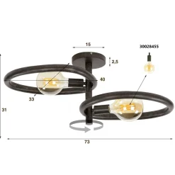 Plafonnier métal noir 2 ampoules, forme galet TRIBECA