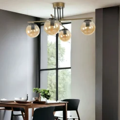 Plafonnier vintage doré 5 globes verre ambré SIERRE