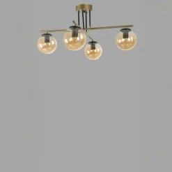 Plafonnier vintage doré 5 globes verre ambré SIERRE