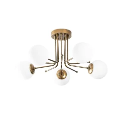 Plafonnier vintage métal doré 5 globes verre dépoli SIERRE