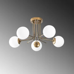Plafonnier vintage métal doré 5 globes verre dépoli SIERRE