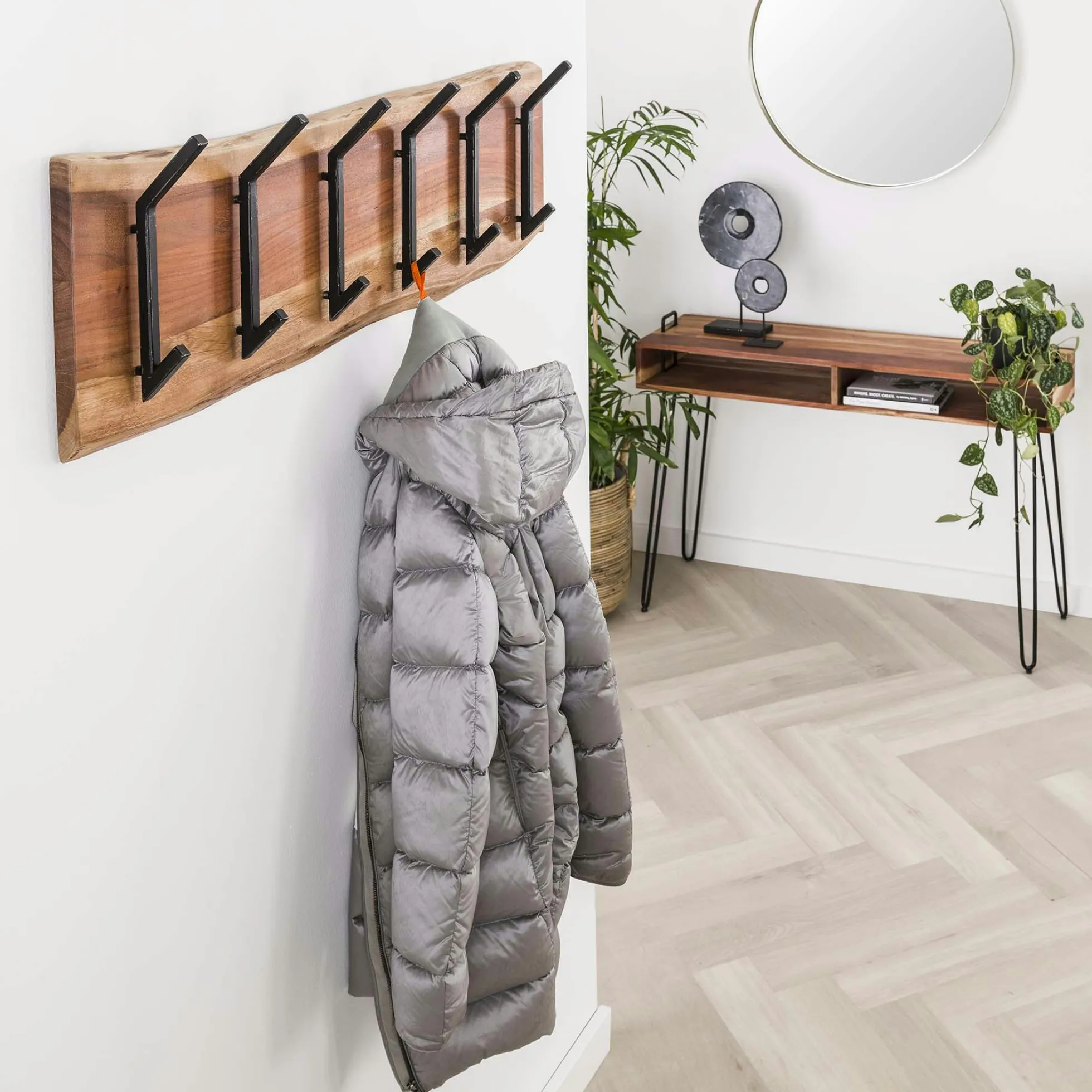 Portemanteau mural bois massif 6 double crochets TRIBECA