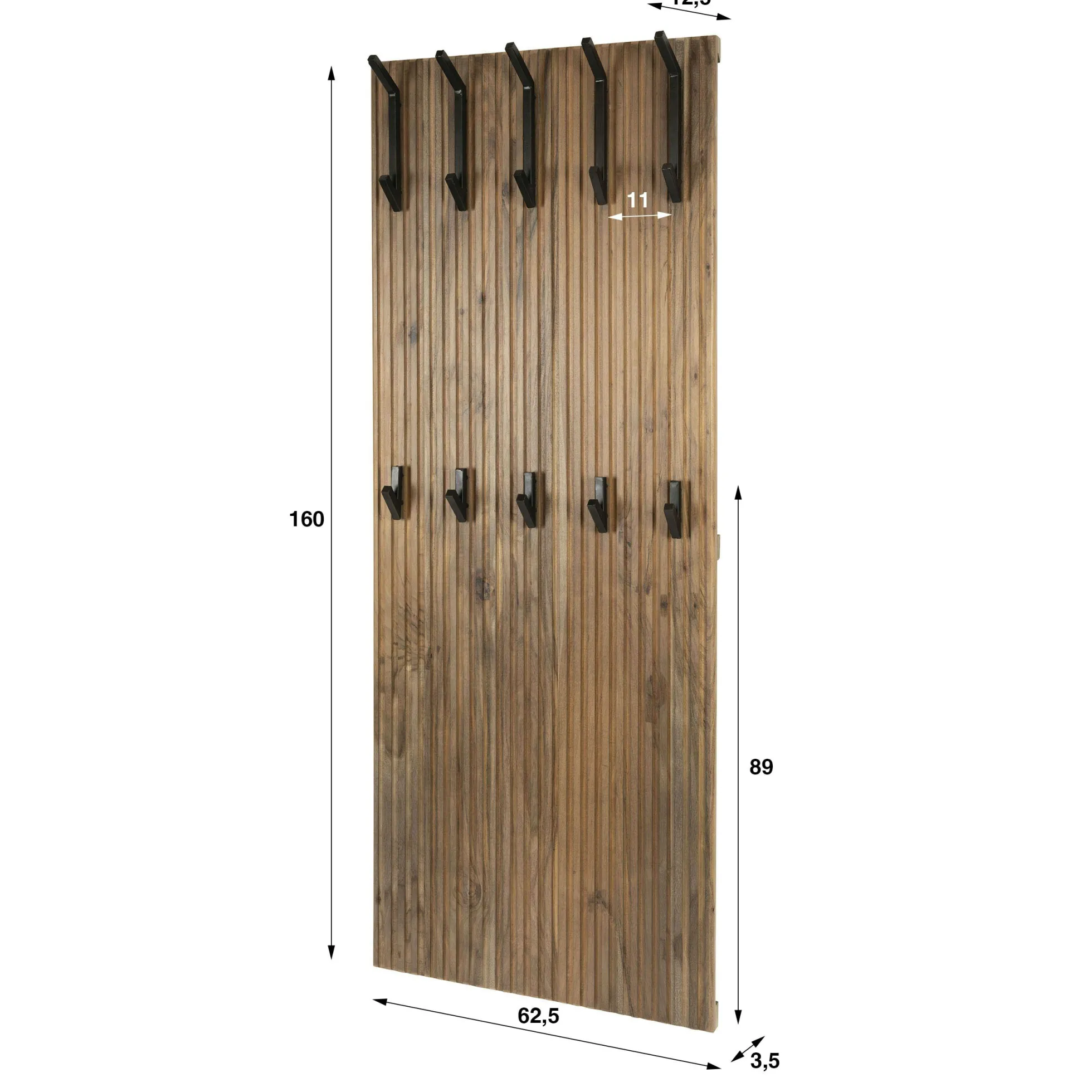 Portemanteau mural en bois d'acacia rainuré 10 crochets NAKO