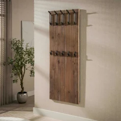 Portemanteau mural en bois d'acacia rainuré 10 crochets NAKO
