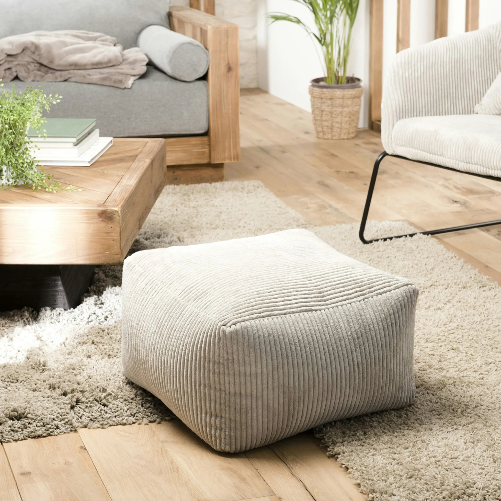 Pouf carré en velours côtelé gris perle TIM