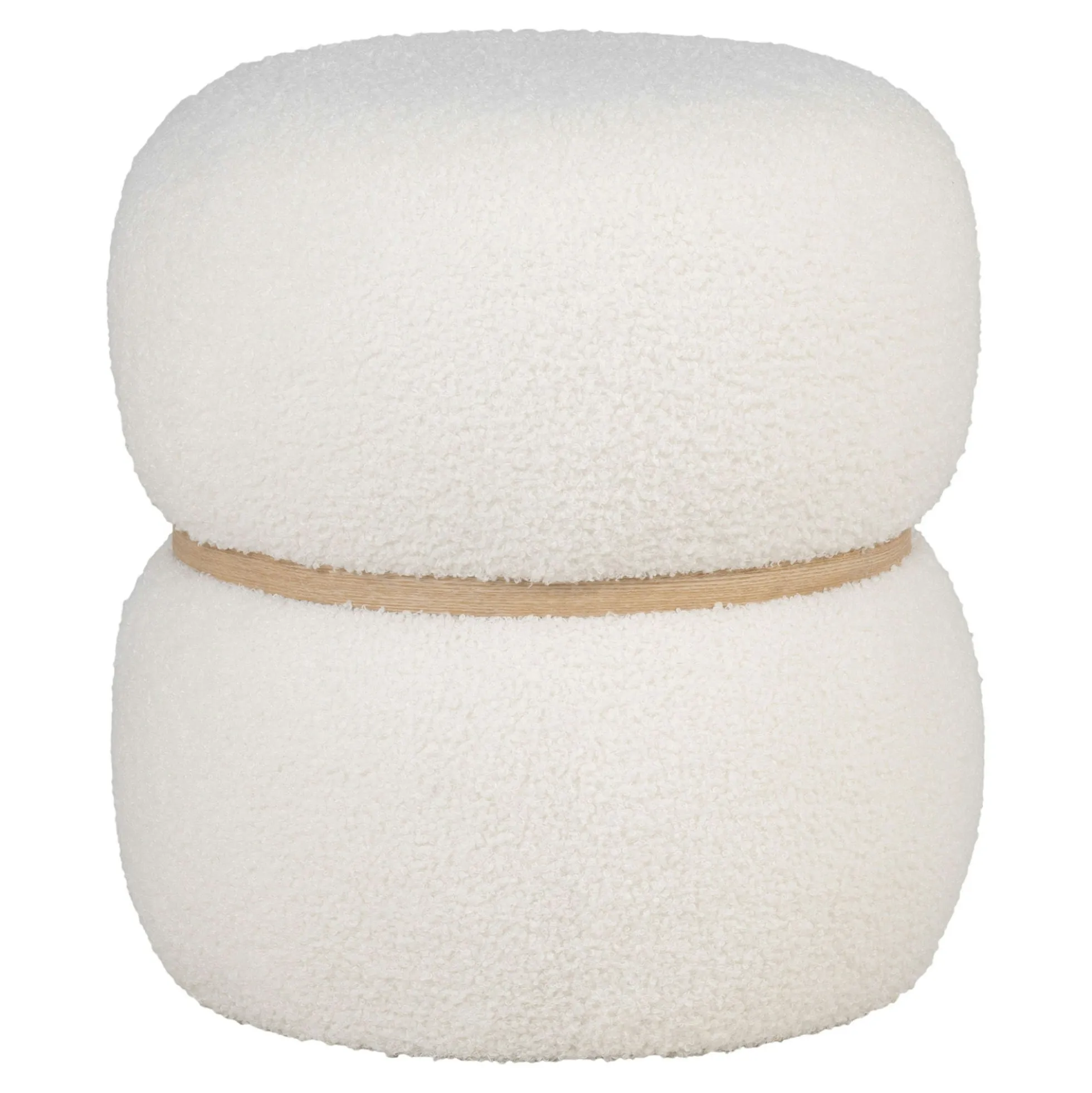 Pouf de salon blanc effet fourrure avec cerclage bois BRUGES