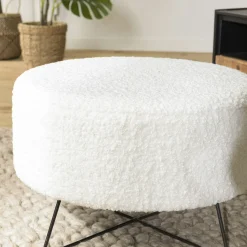 Pouf de salon blanc tissu bouclettes TIM