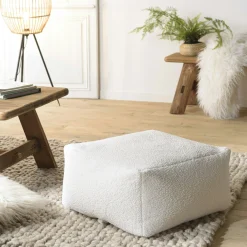 Pouf de salon carré blanc tissu bouclettes TIM