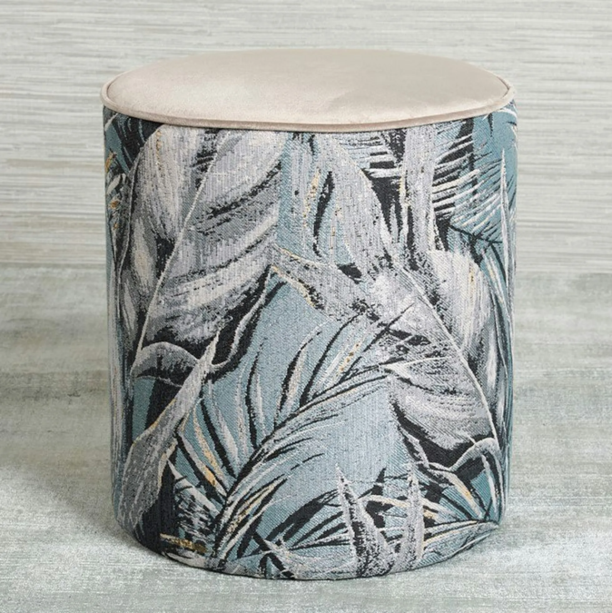 Pouf de salon motif feuillage beige et gris