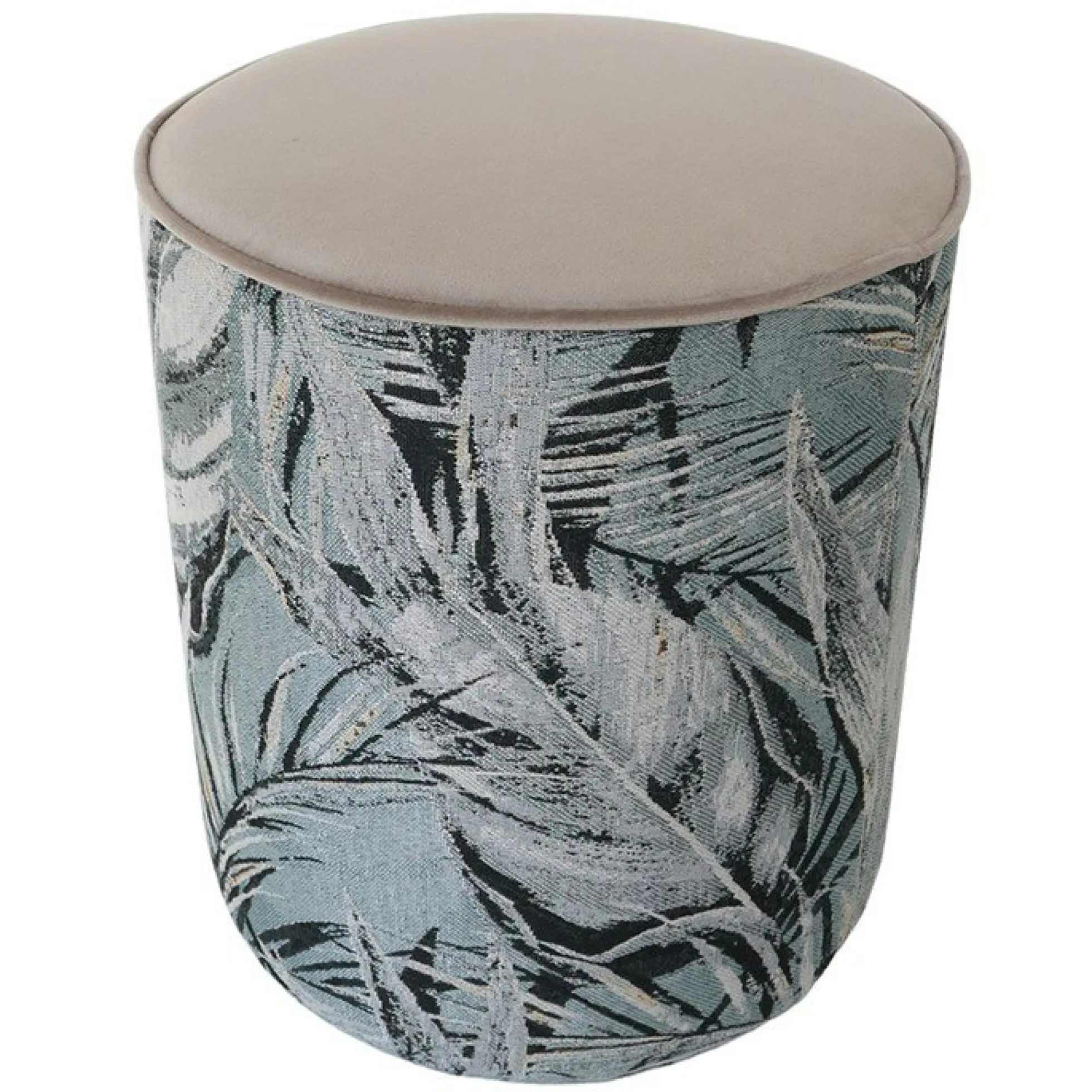 Pouf de salon motif feuillage beige et gris