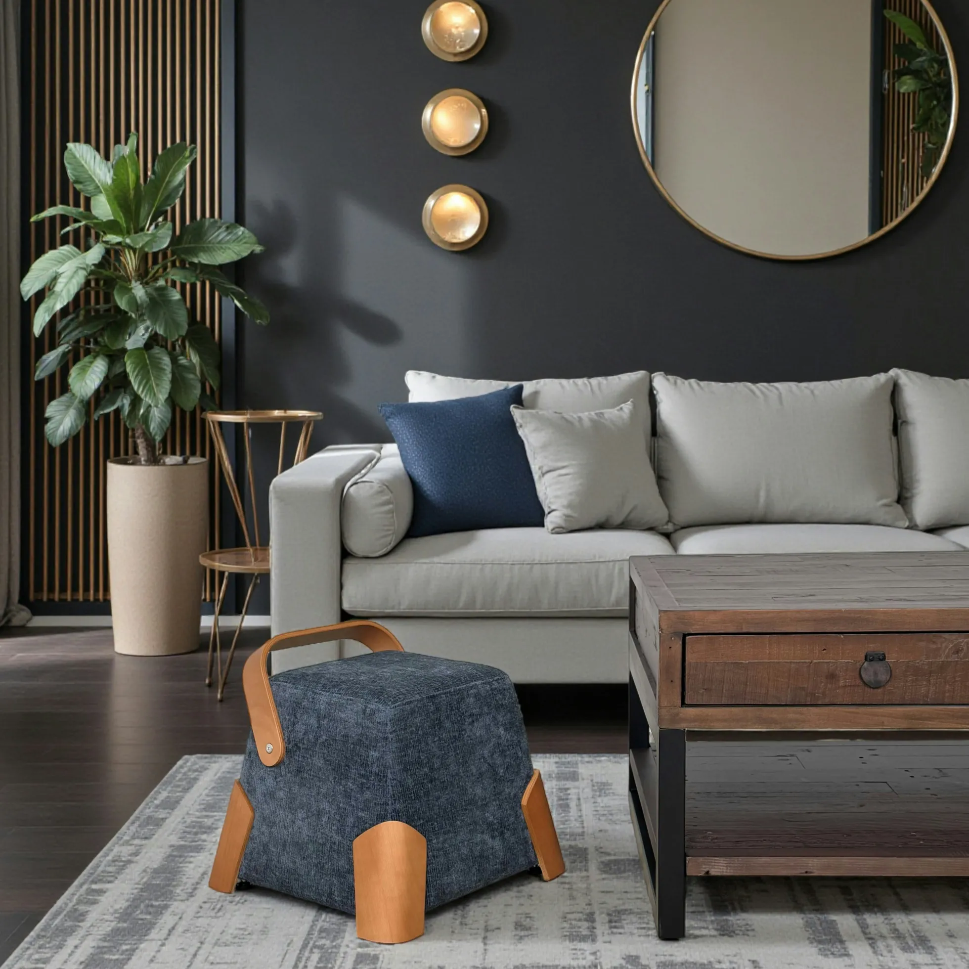 Pouf design bleu avec poignée en bois IENA