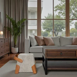 Pouf design cendre avec poignée en bois IENA
