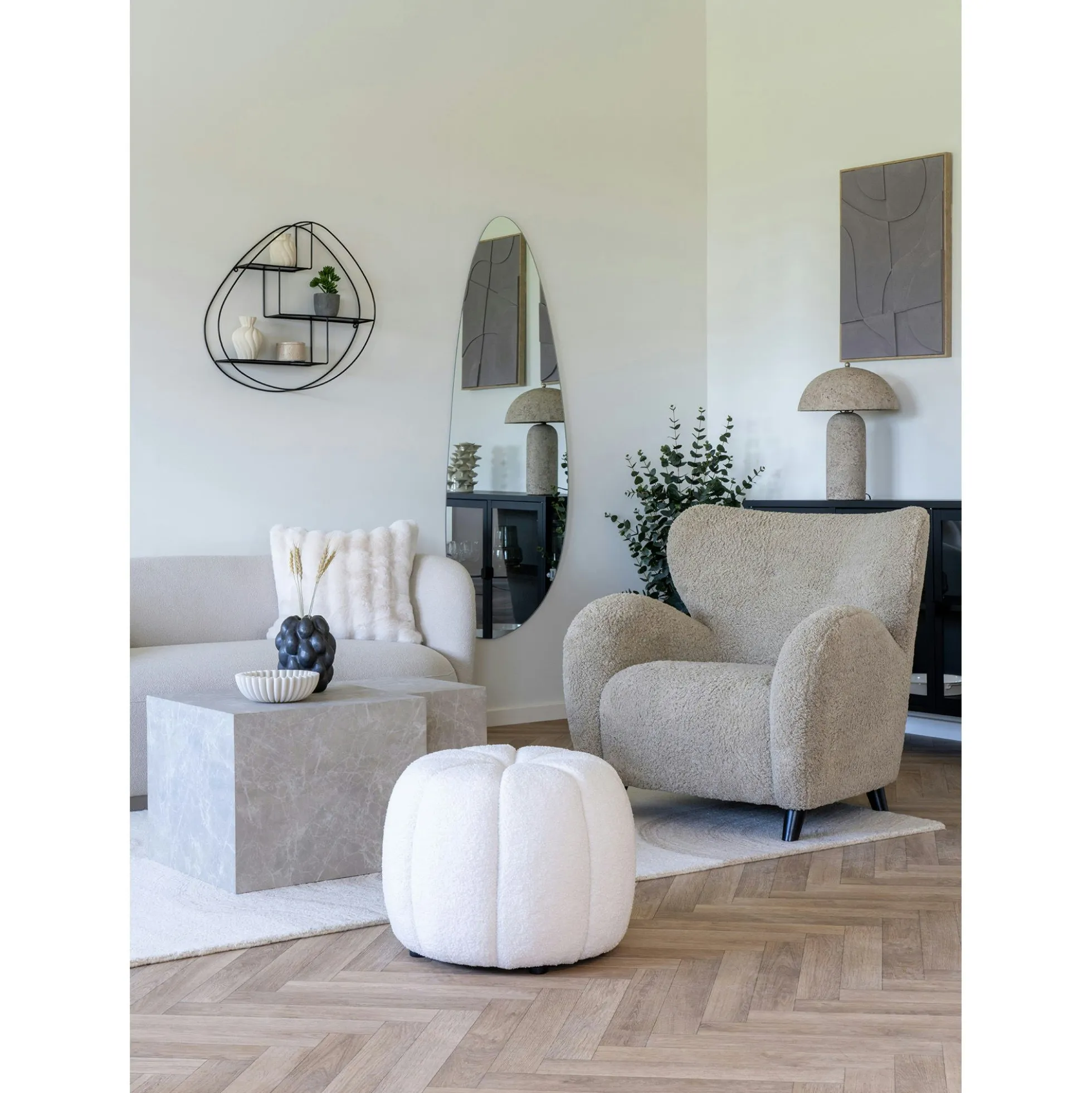 Pouf en tissu blanc cassé BERLIN