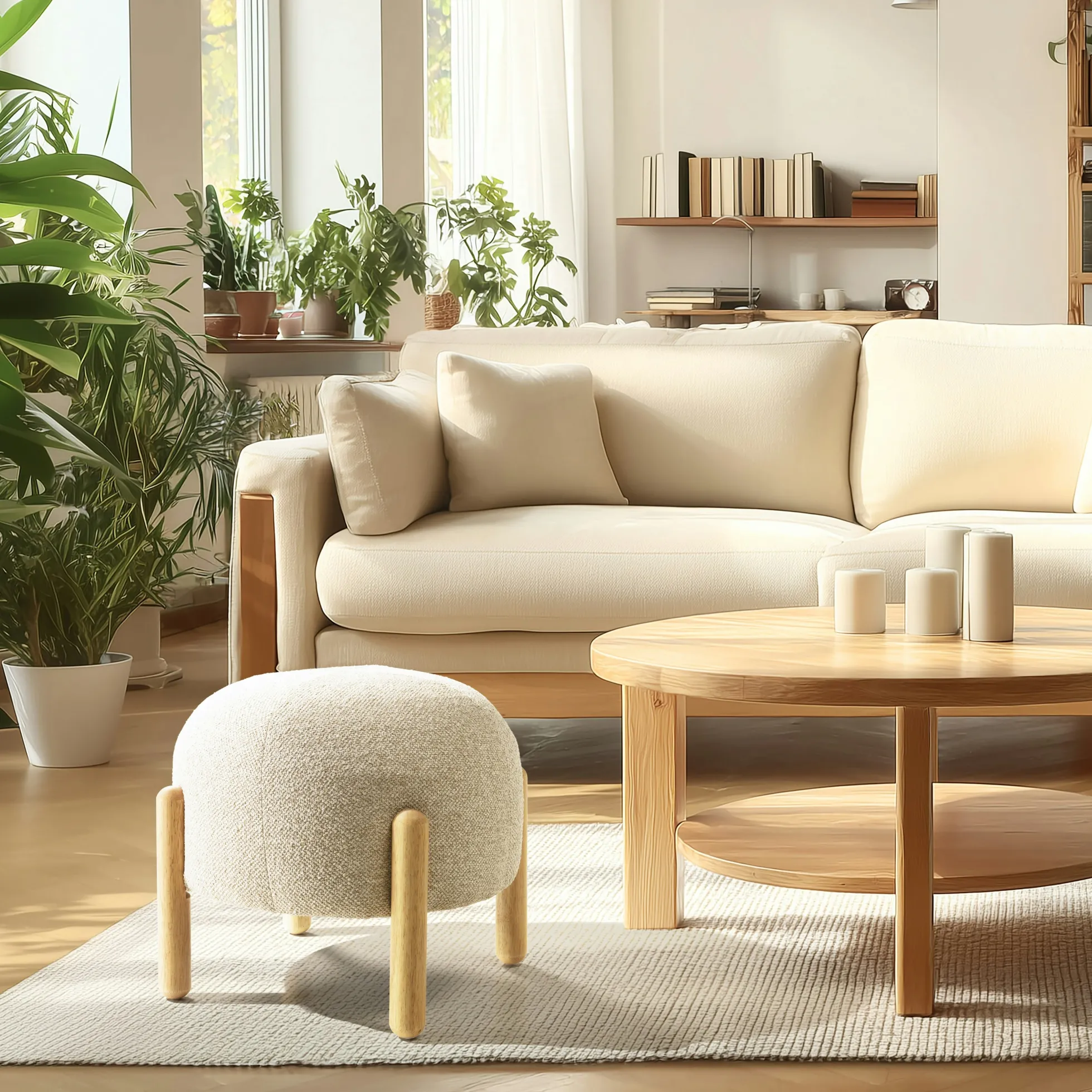 Pouf en tissu effet laine beige et pieds bois COLOMBUS