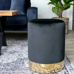Pouf en velours noir sur base dorée BRUGES