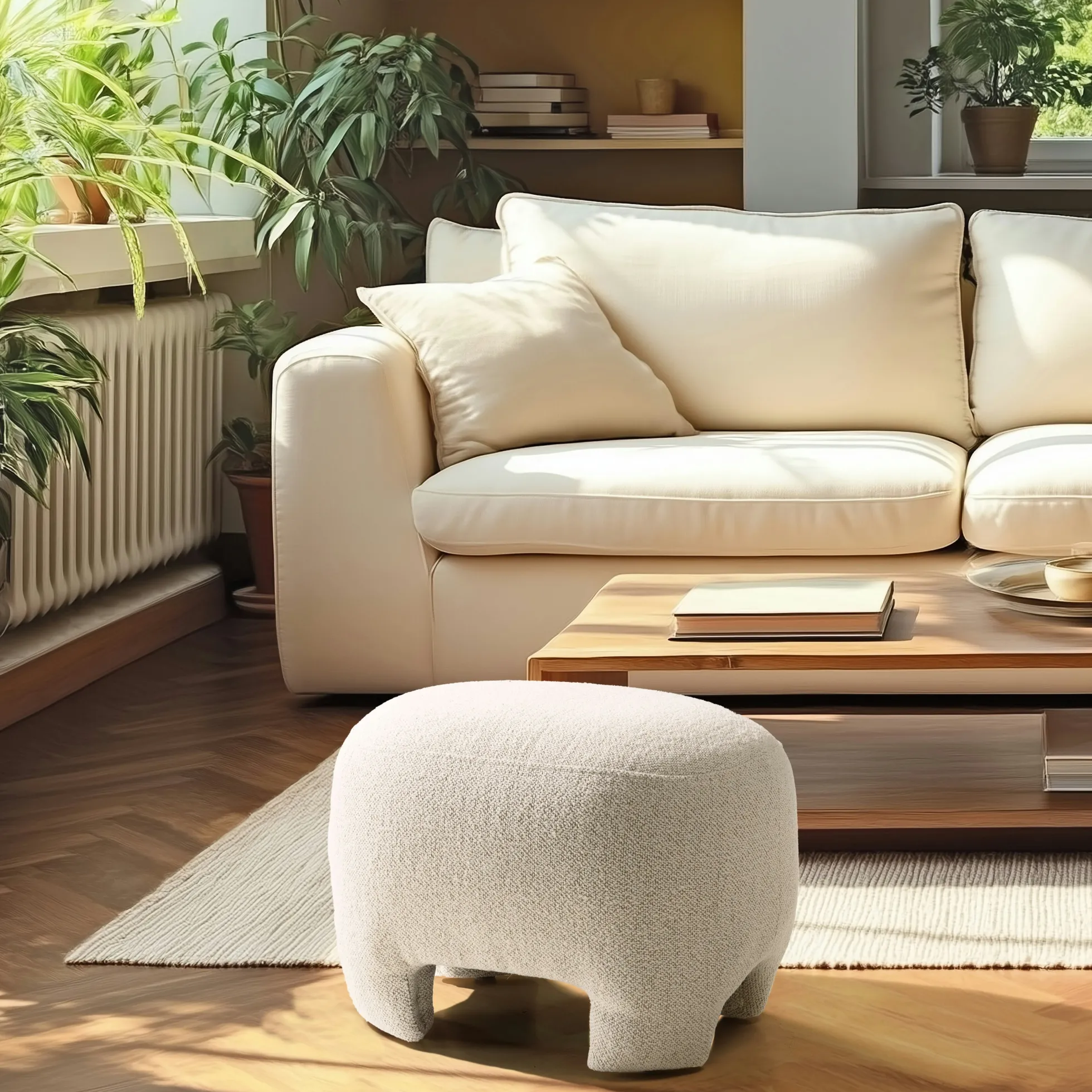 Pouf forme designen tissu petite bouclette beige COLOMBUS