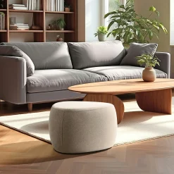 Pouf forme galet en tissu effet velours beige foncé COLOMBUS