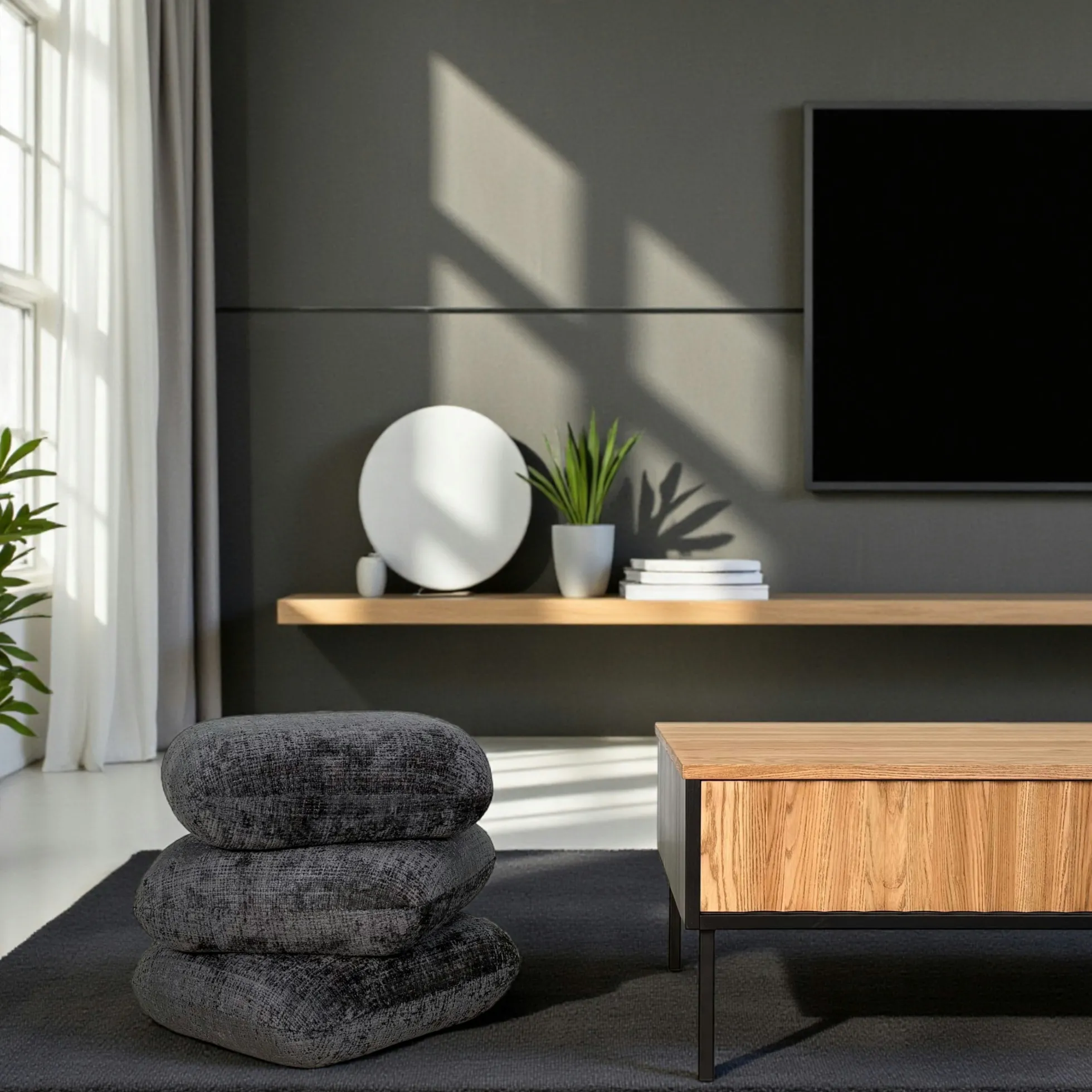 Pouf pivotant gris foncé effet coussins empilés IENA