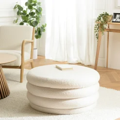 Pouf rond avec rangement tissu bouclette écru D79 cm COLOMBUS