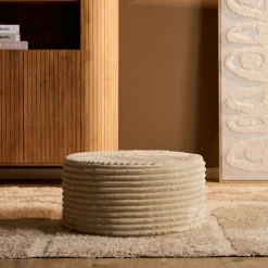 Pouf rond beige en velours côtelé RIVOLI
