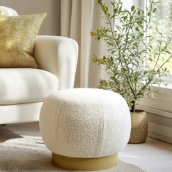 Pouf rond en tissu bouclette blanc CASTILLE