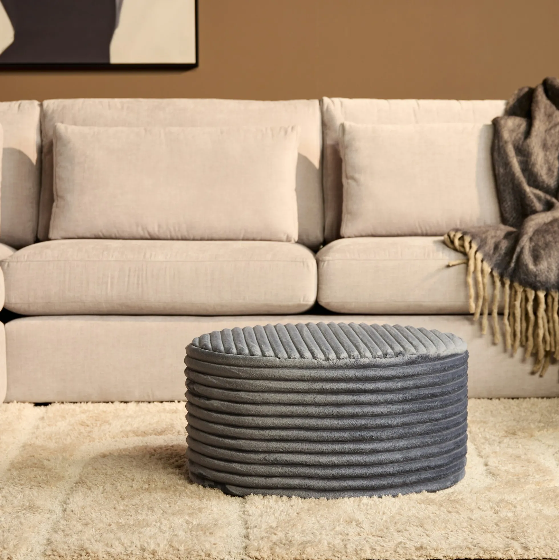 Pouf rond gris en velours côtelé Ø80 cm RIVOLI