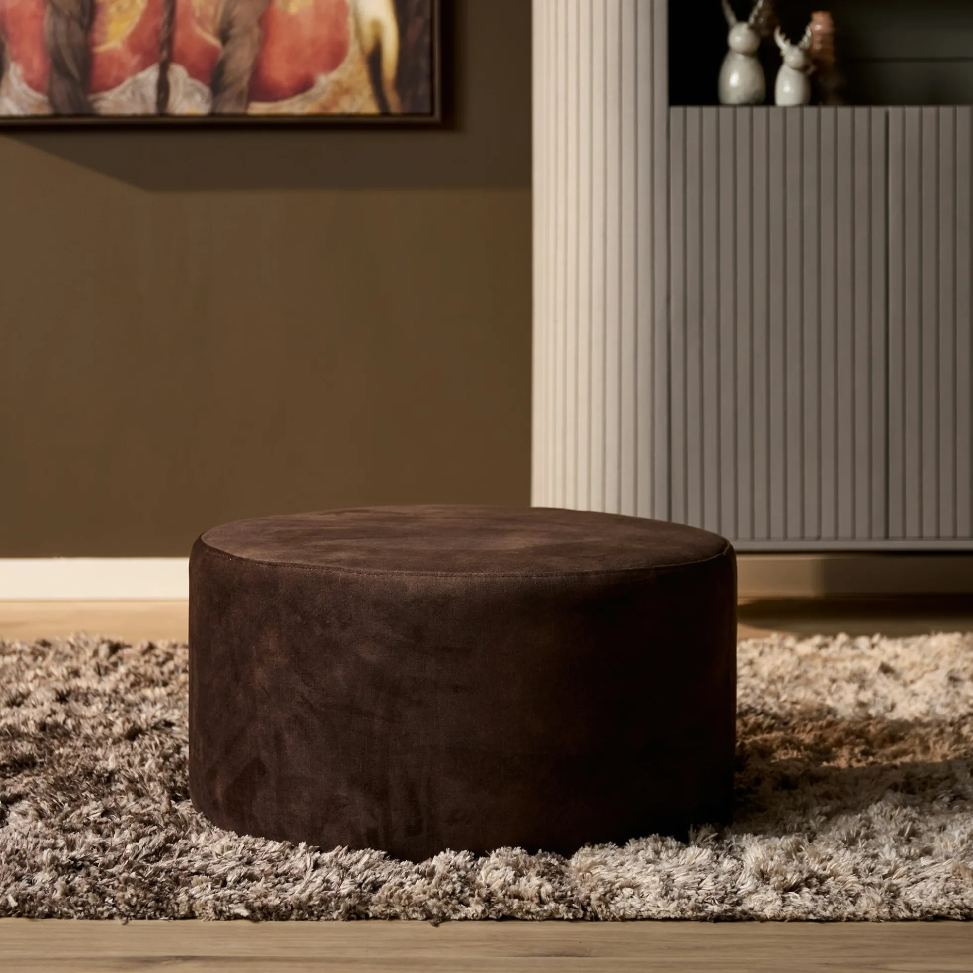 Pouf rond marron tissu doux RIVOLI