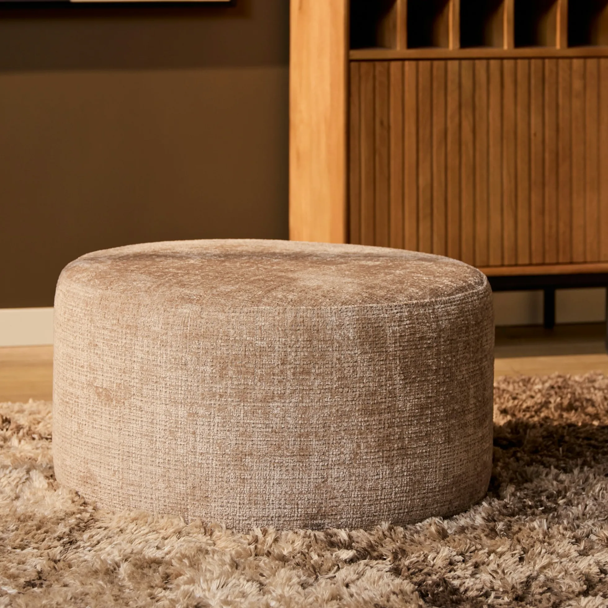 Pouf rond taupe tissu doux Ø80 cm RIVOLI