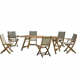 Salle à manger de jardin : 1 table acacia 220 cm, 4 chaises + 2 fauteuils BAHIA