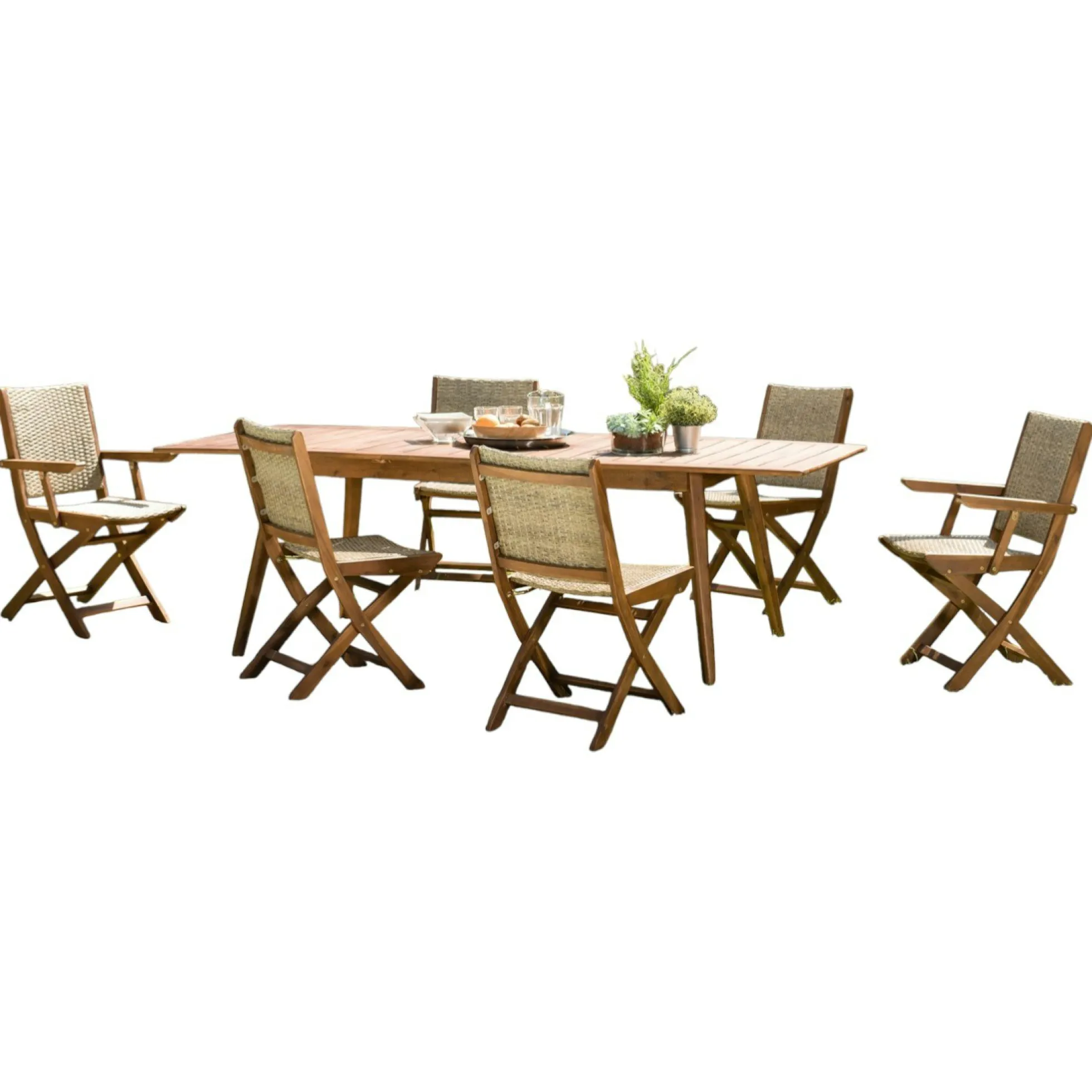Salon de jardin BAHIA (1 table de jardin extensible 180x240, 4 chaises de jardin, 2 fauteuils de jardin pliants)