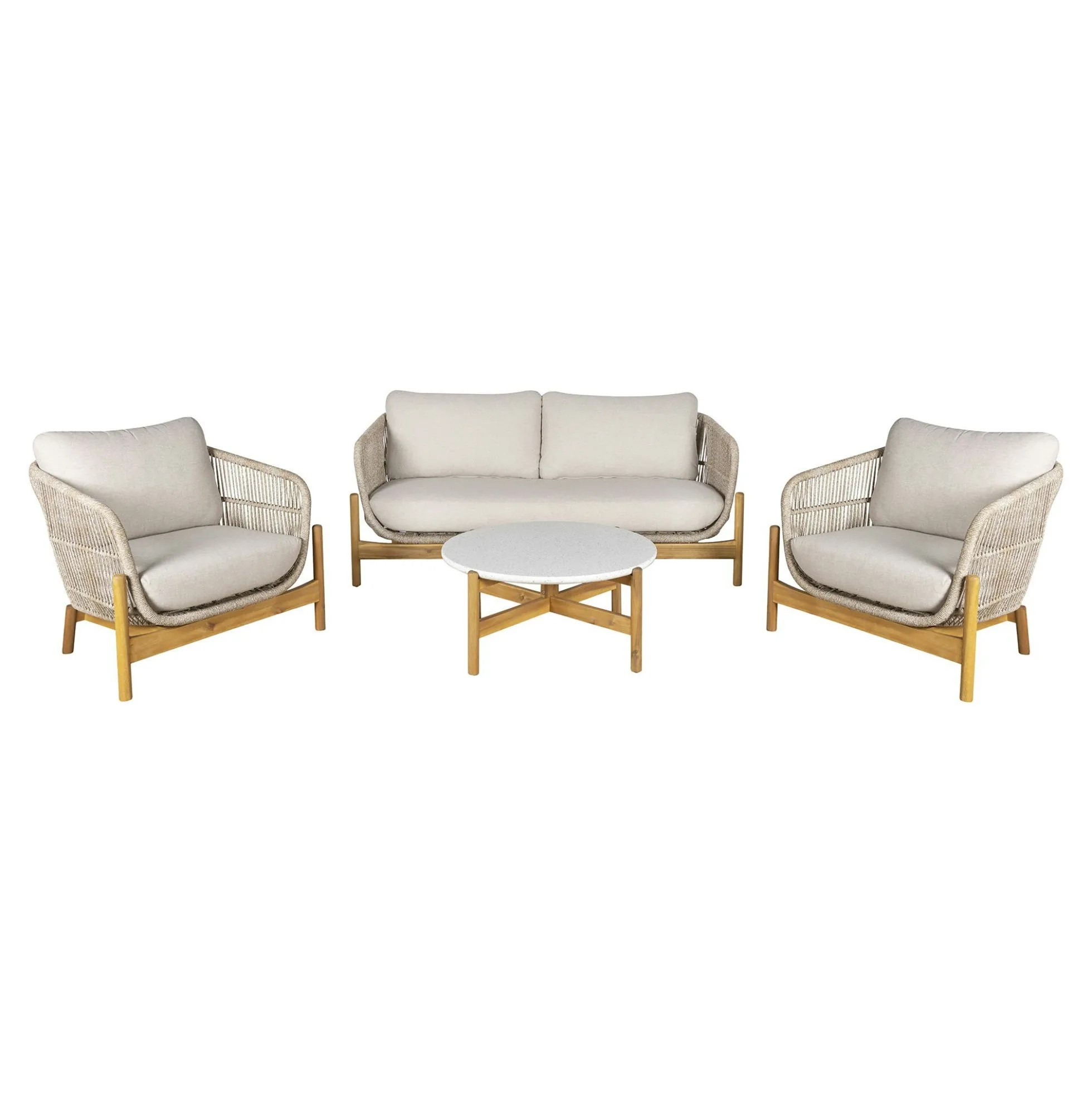 Salon de jardin en bois d'acacia et corde (1 canapé, 2 fauteuils, 1 table basse ronde) MENDOZA