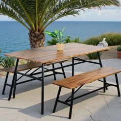 Salon de jardin en bois d'acacia (1 table à manger 160 cm + 2 bancs 130 cm) BAHIA