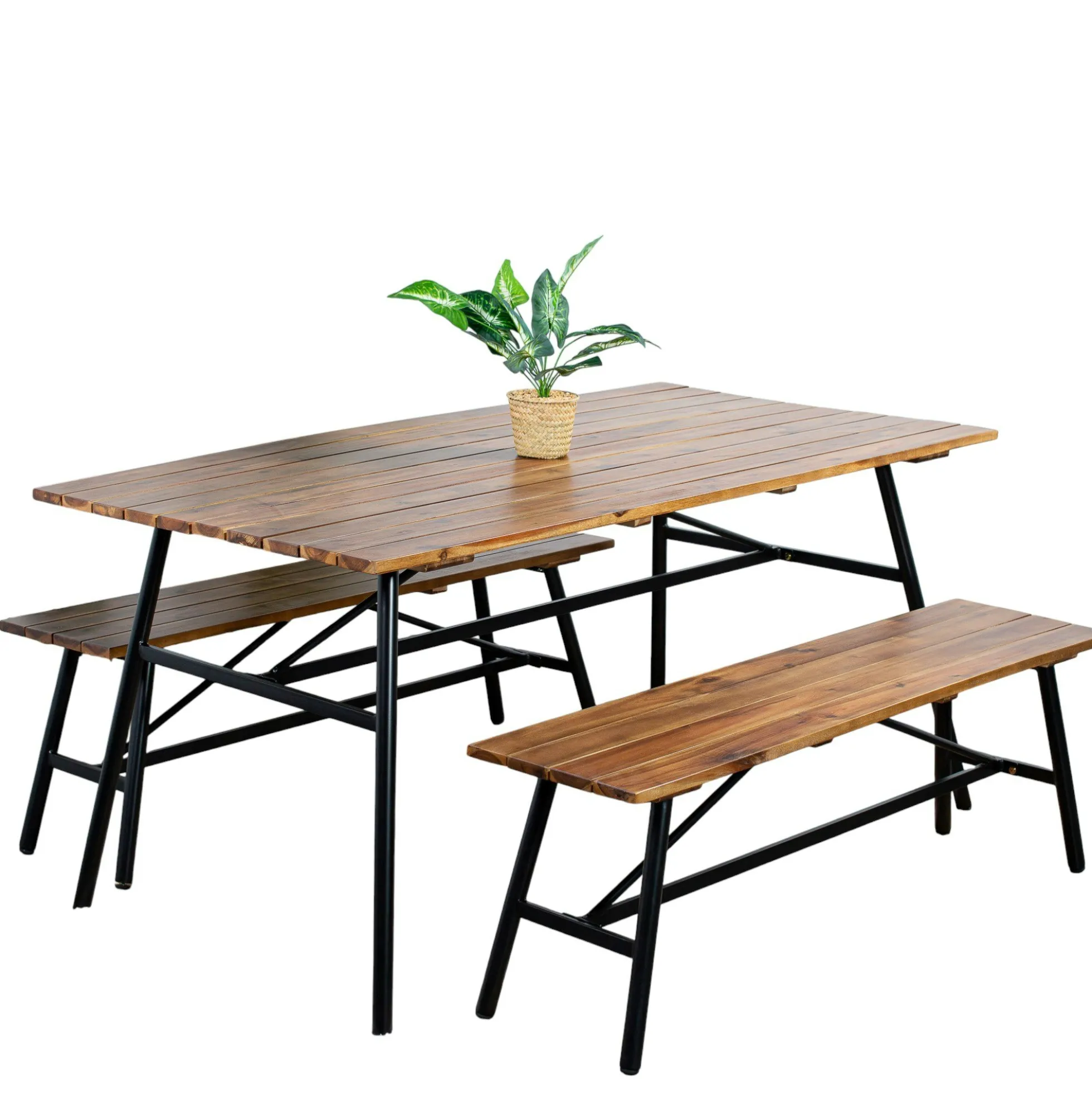Salon de jardin en bois d'acacia (1 table à manger 160 cm + 2 bancs 130 cm) BAHIA
