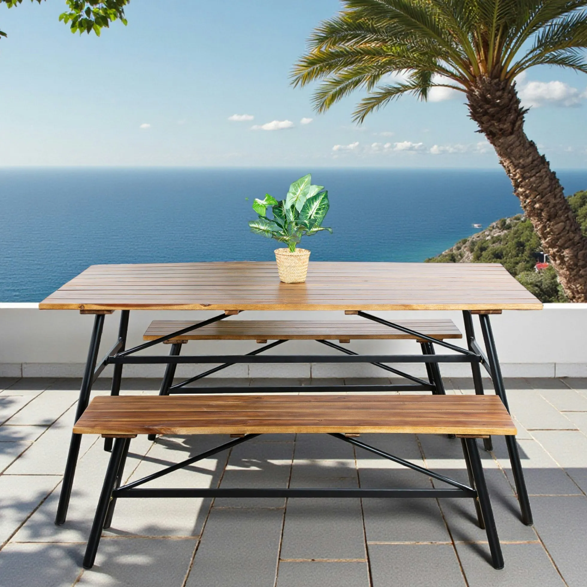 Salon de jardin en bois d'acacia (1 table à manger 160 cm + 2 bancs 130 cm) BAHIA