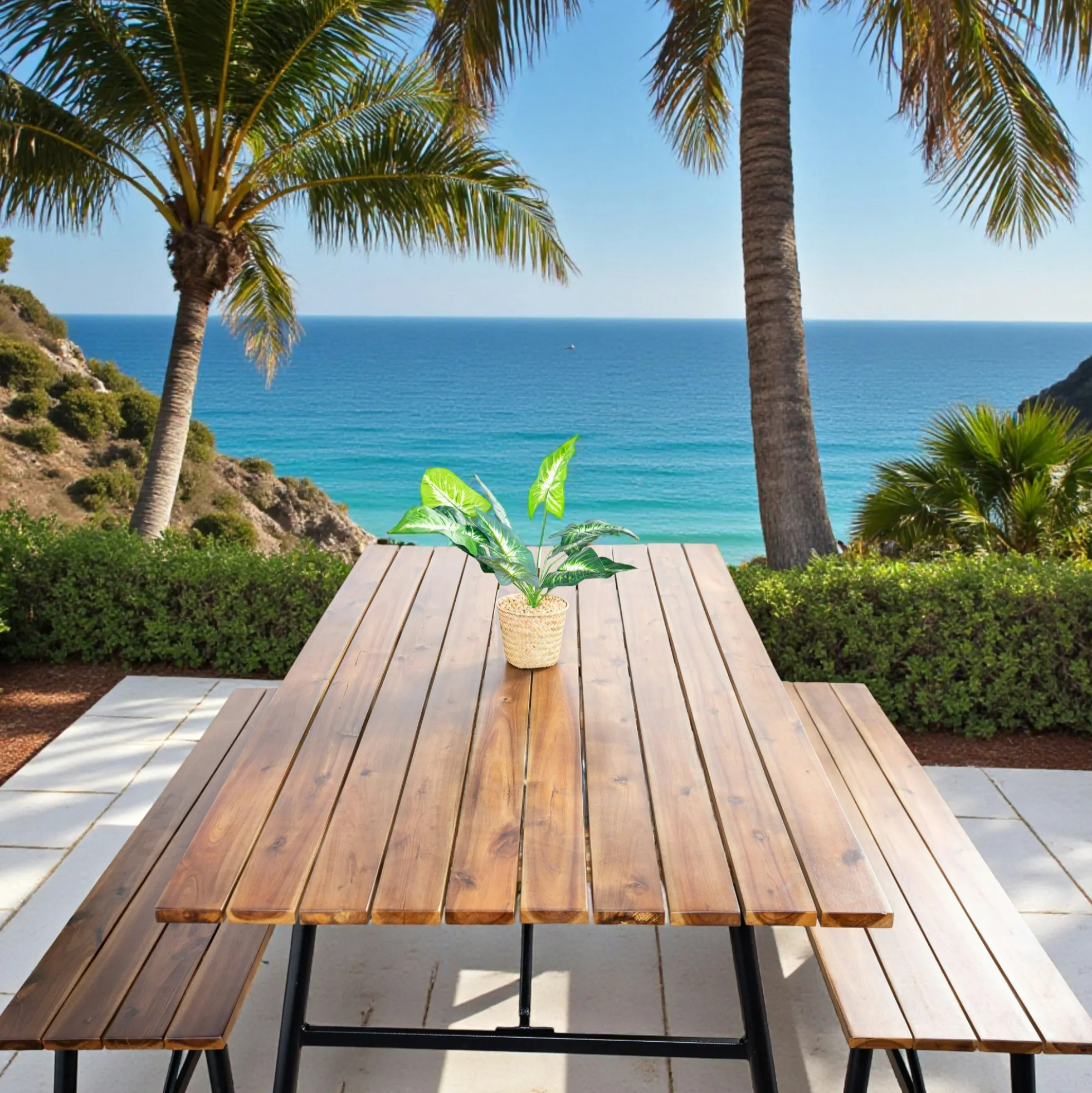Salon de jardin en bois d'acacia (1 table à manger 160 cm + 2 bancs 130 cm) BAHIA