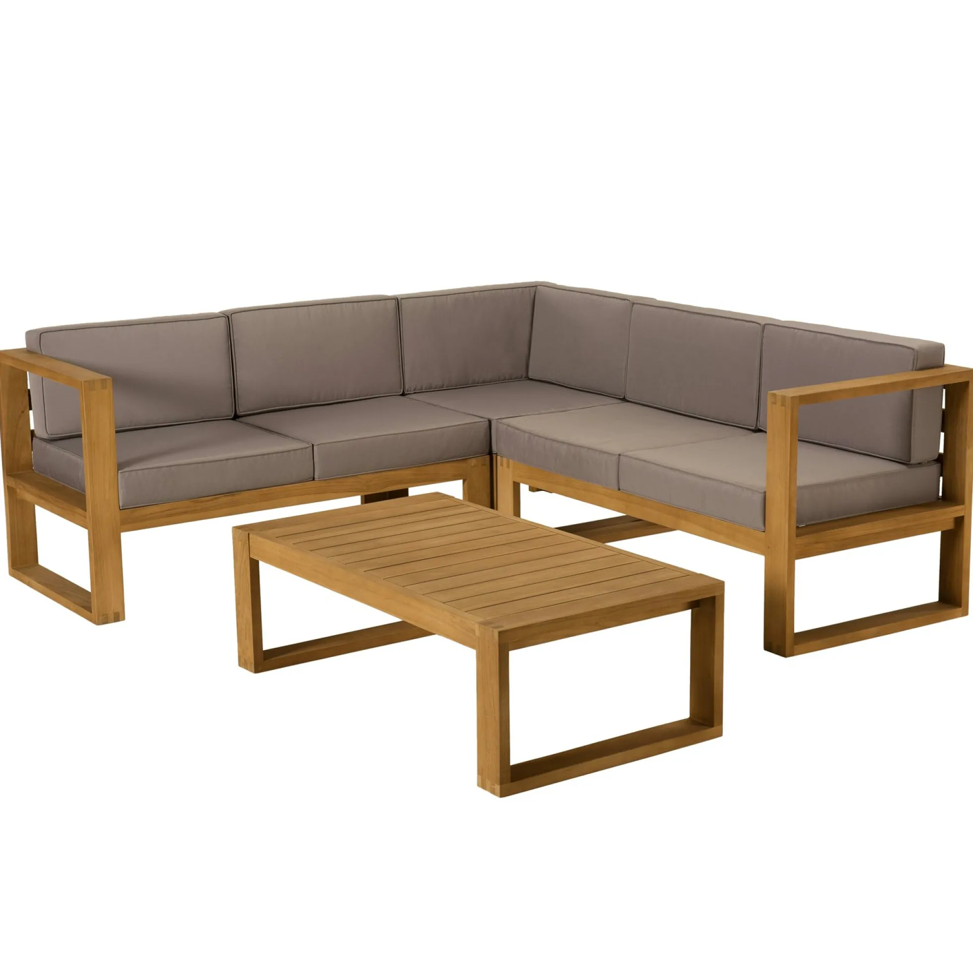 Salon de jardin en teck BERGEN (1 canapé d'angle 5 places, 1 table basse)