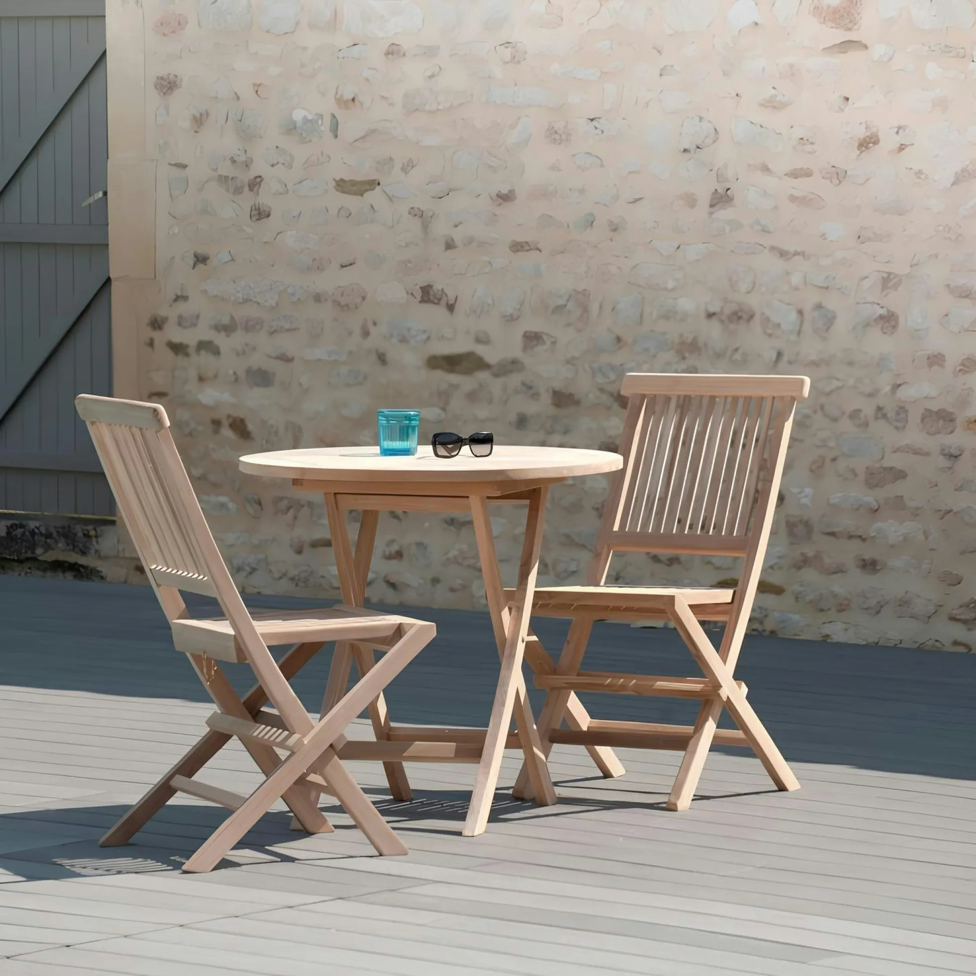 Salon de jardin en teck brut Table ronde pliante 80cm 2 chaises SUMMER