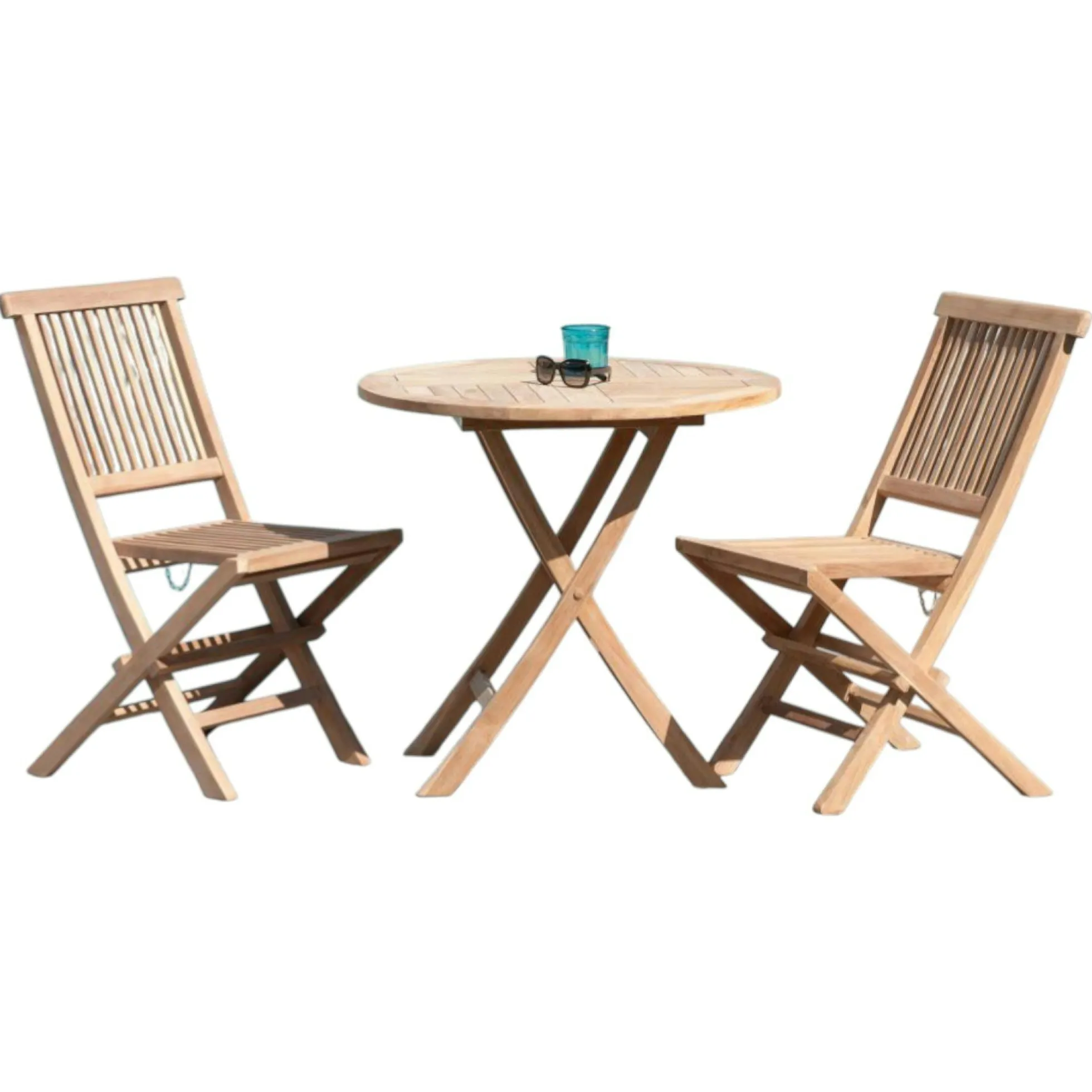 Salon de jardin en teck brut Table ronde pliante 80cm 2 chaises SUMMER