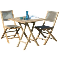 Salon de jardin en teck, 1 table carrée + 2 chaises pliantes SUMMER