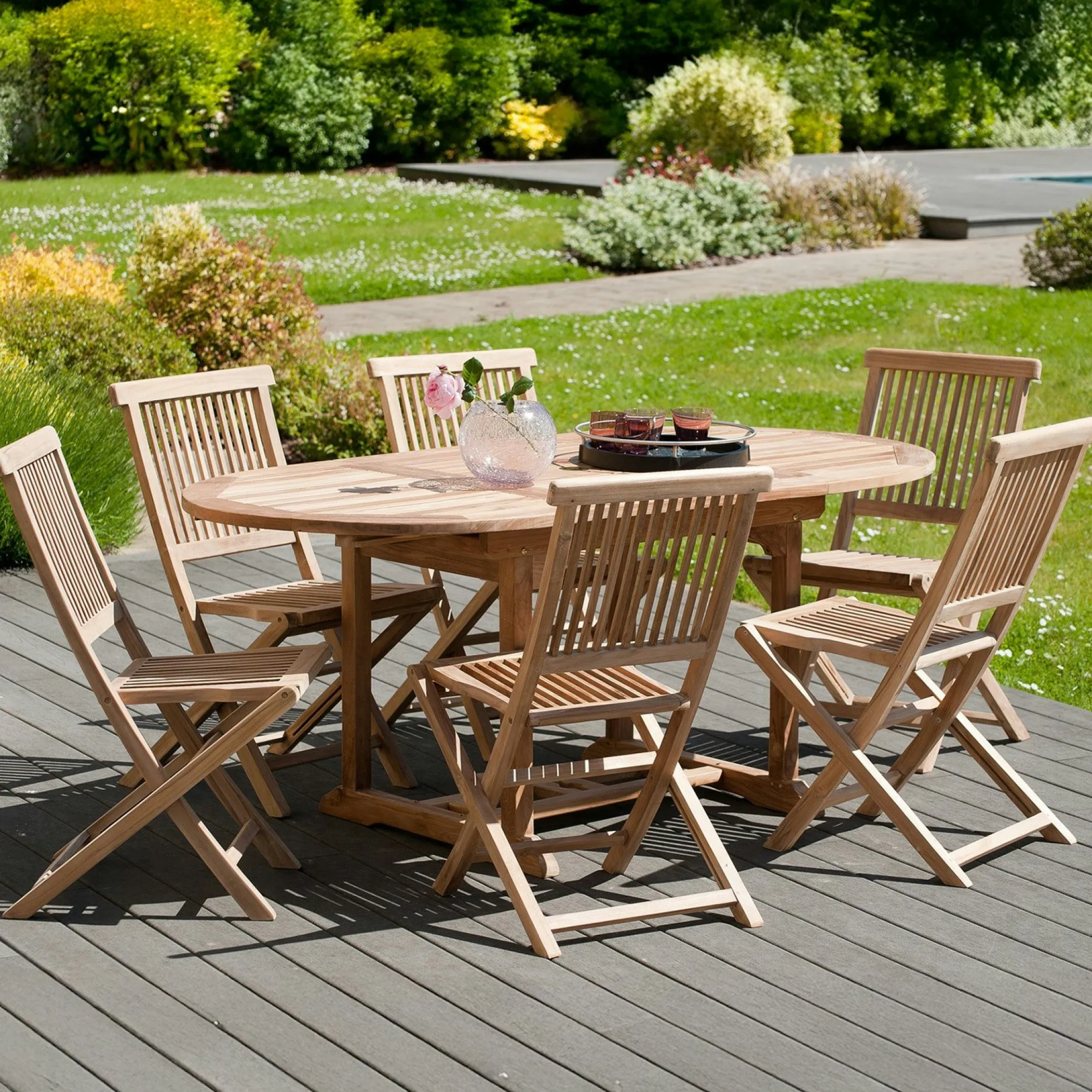 Salon de jardin en teck Table ovale 120/180 cm + 6 chaisespliantes SUMMER